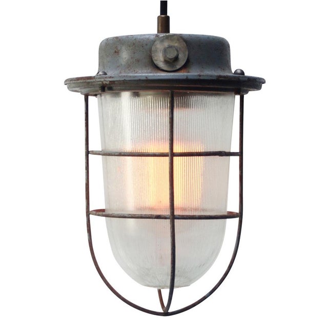 Vintage Industrial Blue Metal and Clear Reeded Glass Cage Pendant Light For Sale - Image 4 of 6