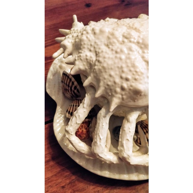 Ceramic Trompe l'Oeil Italian White Majolica Crab Covered Dish Seashells For Sale - Image 7 of 13