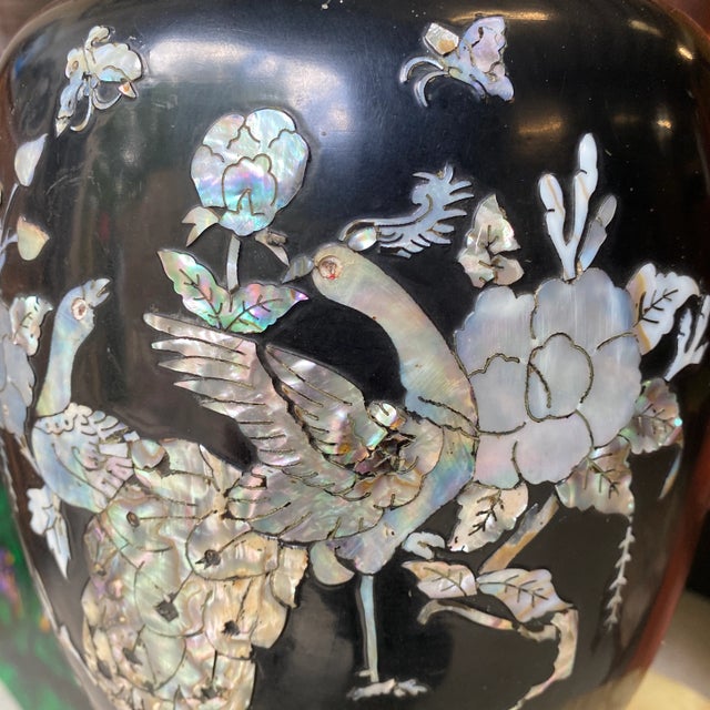 Art Nouveau 1970s Tall Black Asian Mother of Pearl Peacock Details Vase For Sale - Image 3 of 8