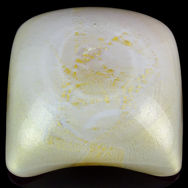 Mid 20th Century Vintage Murano Seguso Gold Flecks White Deep Pink Italian Art Glass Folded Over Rim Bowl Dish For Sale - Image 5 of 5