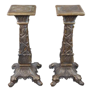 Set of 2 Vintage Regency Bronze Low Relief Acanthus Candle Stands Holders Pedestals