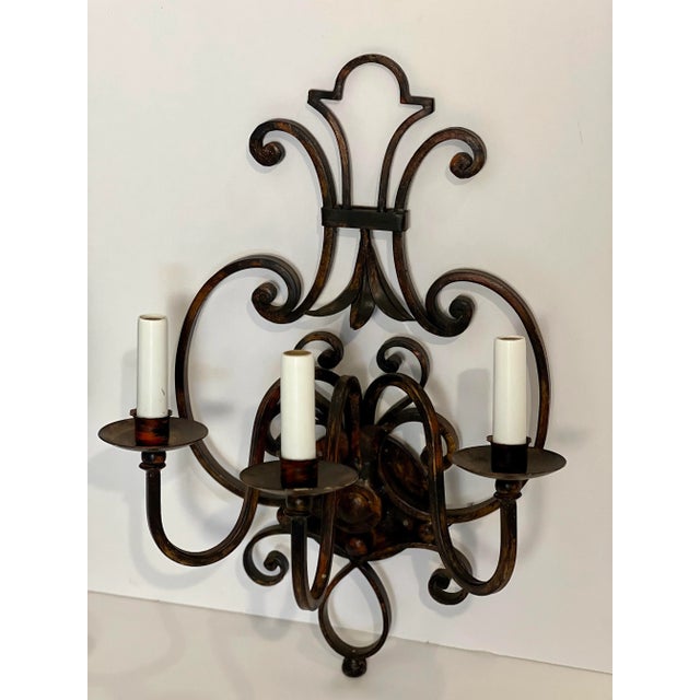Baroque Italian Harp Shaped Iron Sconces in Blackened Rust - Set of 2 For Sale - Image 3 of 7