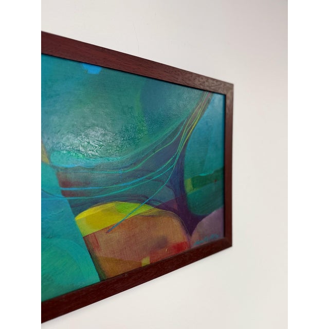 Wood Late 20th Century Framed Original Abstract Acrylic Painting Teal Green Still Life Art, Wood Frame For Sale - Image 7 of 14