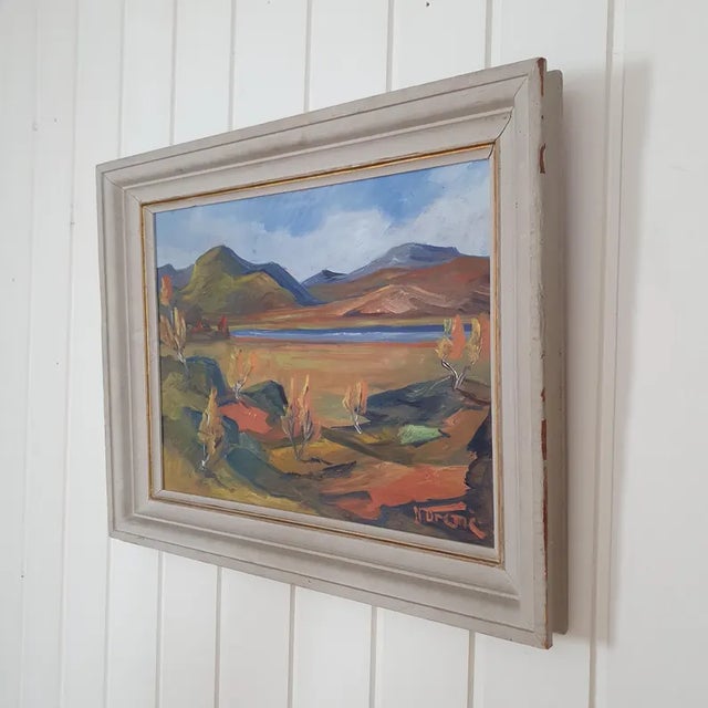An original Swedish mid century oil painting on panel by Swedish painter Nils Dramé (1915–2000), depicting a quiet Nordic...
