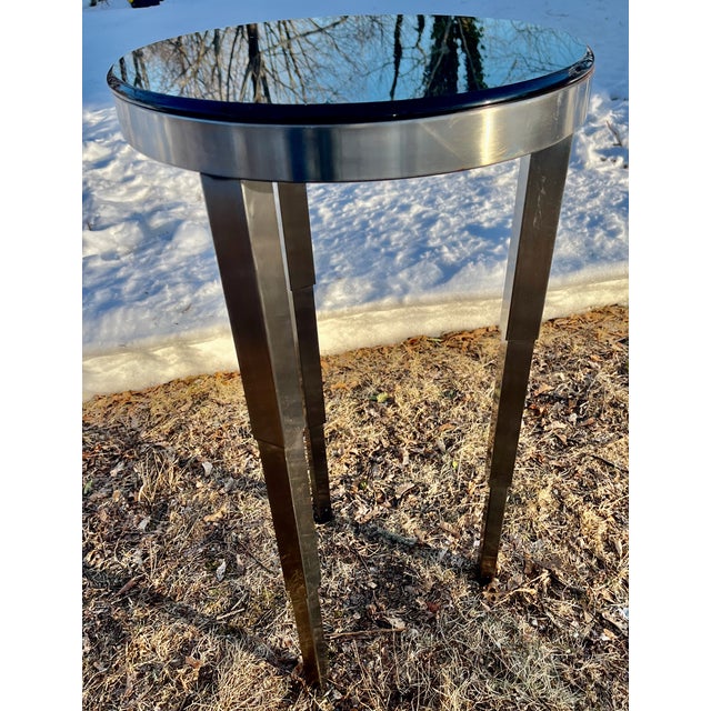 Art Deco Enzo Style Table Steel With Black Glass Top Stepped Legs For Sale In Providence - Image 6 of 6