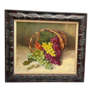 Large Vintage Mid Century Original Painting of Grapes Tumbling From a Basket For Sale