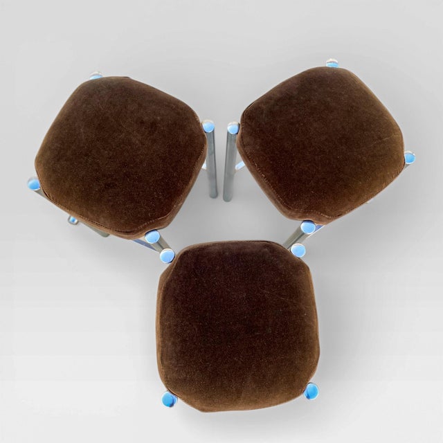 Mid-Century Modern Chrome Bar Stools With Chocolate Velvet Seats, Set of Three,Vintage Mid Century For Sale - Image 3 of 18