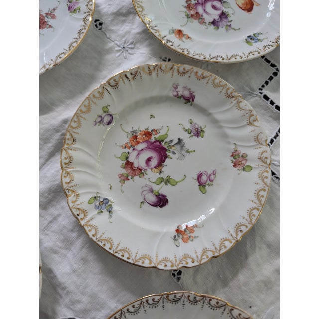 Early 20th Century Six Antique Meissen 6" Porcelain Plates With Hand Painted Garden Flowers & Gilt Highlights For Sale - Image 5 of 10
