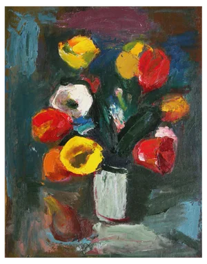 Aleksandr Rodin, Tulips with Pear, Oil on Cardboard
