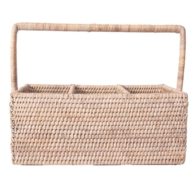 Artifacts Rattan 3 Section Caddy/Cutlery Holder with Handle in White Wash For Sale - Image 4 of 10