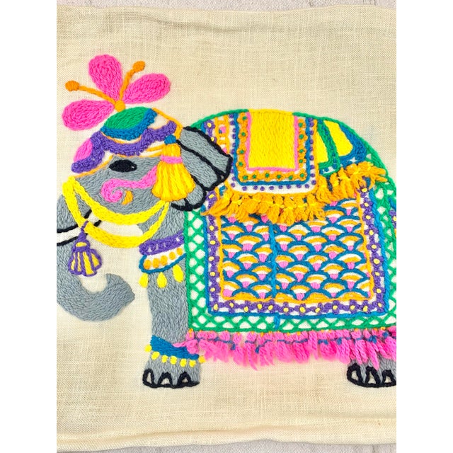 Children's Vintage Handmade Crewel Embroidery Elephant Pillow Cover For Sale - Image 3 of 11