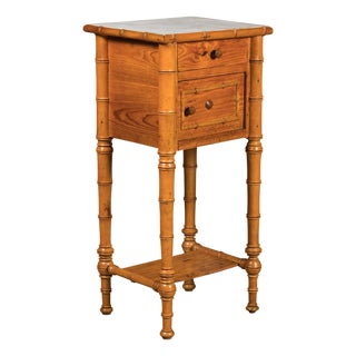 French 19th Century Pine Faux Bamboo Side Table with Marble Top, Door and Drawer For Sale