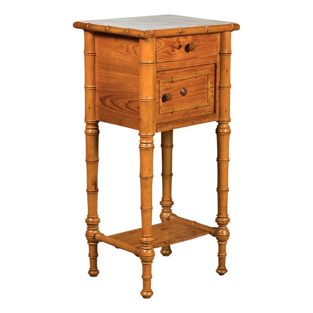 French 19th Century Pine Faux Bamboo Side Table with Marble Top, Door and Drawer For Sale