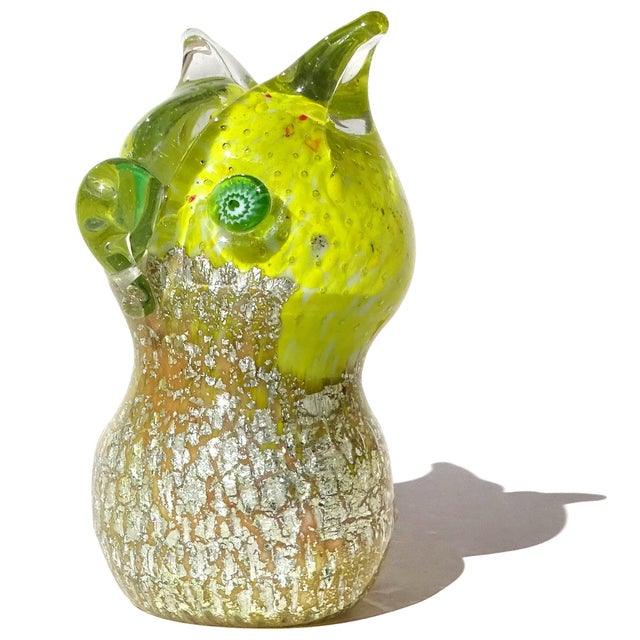 Mid-Century Modern Vintage Murano Owl Yellow Silver Flecks Green Eyes Murrines Italian Art Glass Paperweight Figurine Sculpture For Sale - Image 3 of 9