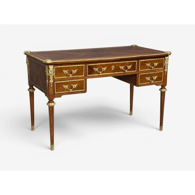 French Louis XVI Style, Writing Desk, Bookmatched Walnut, Bronze, France, 1920s For Sale - Image 3 of 11