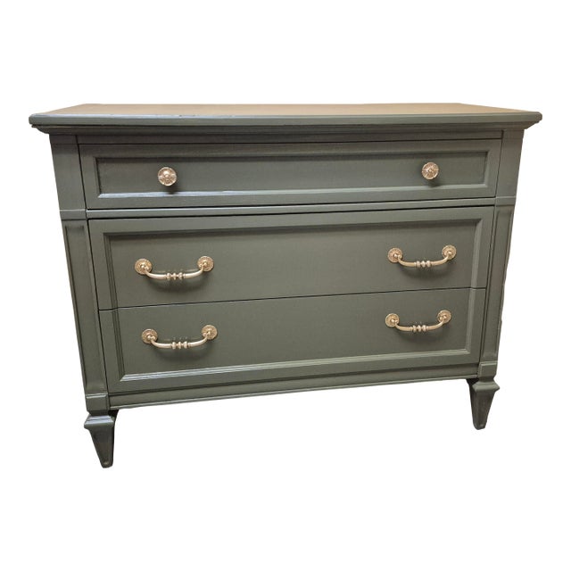 Timeless Vintage Sage Three-Drawer Dresser With Warm Gold Hardware For Sale