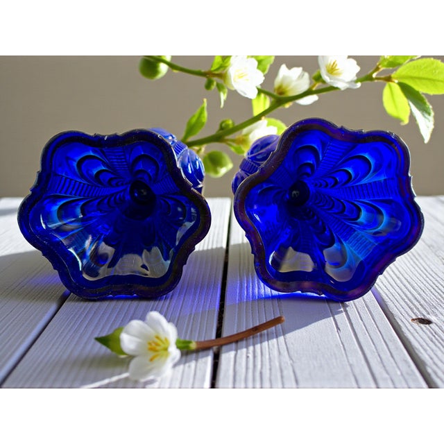 Late 19th Century Late 19th Century Pair Cobalt Blue Coolidge Drape Oil Lamps-Converted Electric-Victorian Table For Sale - Image 5 of 10