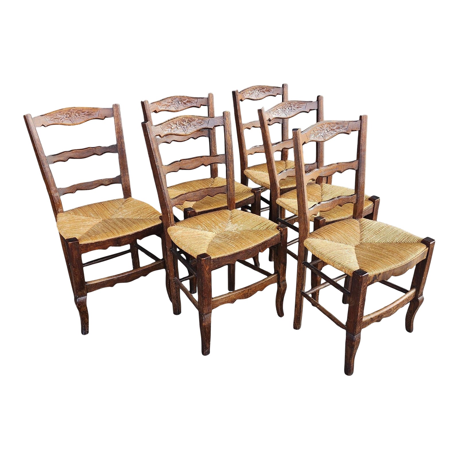 Set 6 20th Century French Country Oak Ladder Back Rush Seated Dining ...
