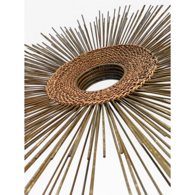 Vintage Mid-Century Modern Brass Sunburst Mirror With Woven Caning | Brutalist Starburst For Sale - Image 4 of 5
