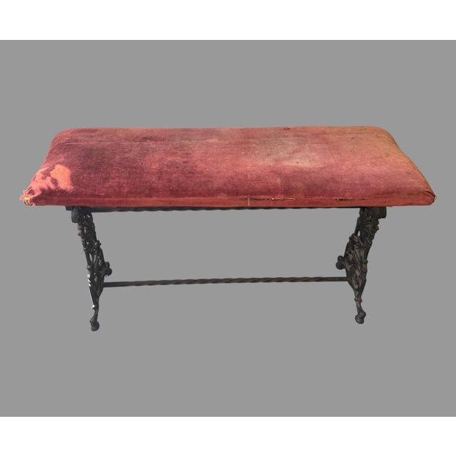 Antique Cast Iron Upholstered Bench Red Velvet Seat Victorian Gothic Hall Bench For Sale - Image 9 of 10