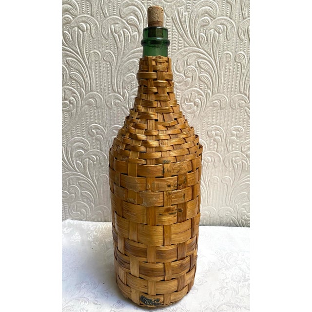 Demijohn Rattan Wrapped Green Wine Bottle Original Tag, Vintage 1951 For Sale - Image 6 of 11