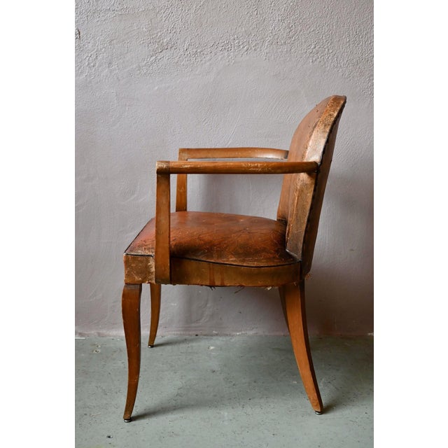 Brown Art Deco Bridge Chair in Beech and Cognac Leather, 1920s For Sale - Image 8 of 14