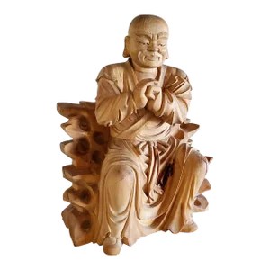 1940s Hand Carved Wood Zen Master Buddhist Statue