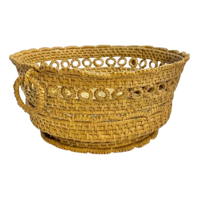 Antique French Provincial Handwoven Coiled Rope Basket With Ring Handles For Sale