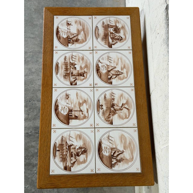 Oak Ceramic Tile-Top Nesting Tables Set of 3 Brown Scenic Windmill Motif Vintage For Sale - Image 4 of 11