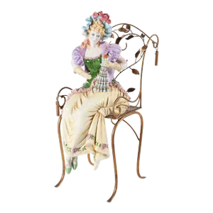 1960s Italian Capodimonte Porcelain Woman Seated in a Gilt Metal Chair - 2 Pieces