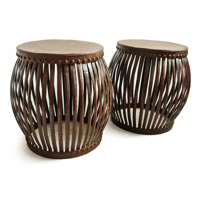 Vintage Farmhouse Industrial Iron Drum Strap Side Table For Sale - Image 9 of 10