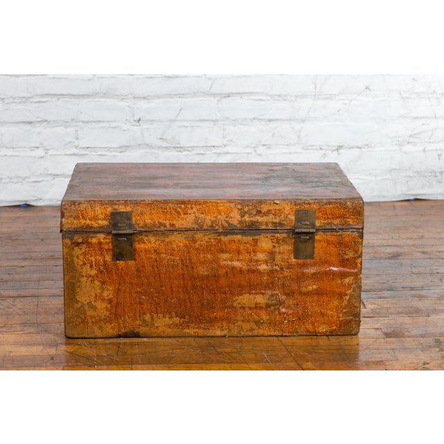 Brown 19th Century Chinese Qing Dynasty Period Lacquered Leather Trunk with Distressed Patina For Sale - Image 8 of 13