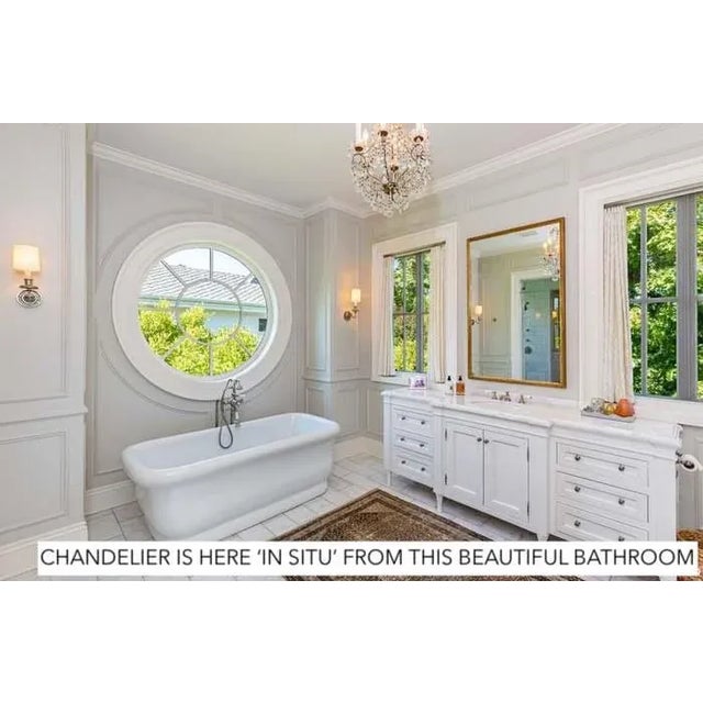 VINTAGE MACARONI BEADED ARM CRYSTAL CHANDELIER - A beautiful beaded arm gilt 6-light chandelier with newer faux wax candle...