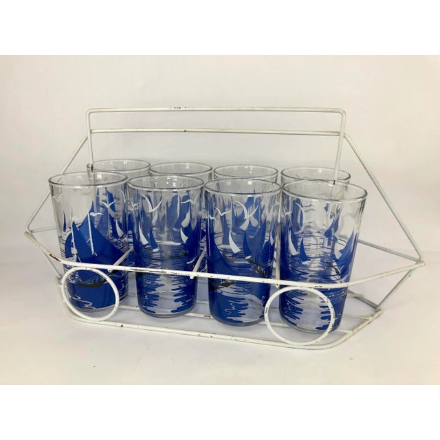 Blue Vintage Tumblers With Sailboats in Boat-Shaped Caddy - Set of 8 For Sale - Image 8 of 8