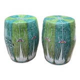 Bok Choy Motif Porcelain Garden Stools With Hand-Painted Chinese Famille Verte Garden Stools, a Pair For Sale