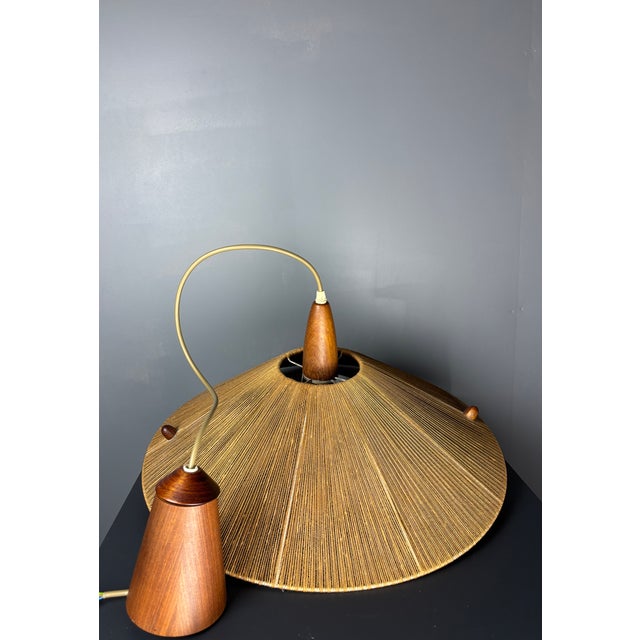 Textile Large Mid-Century Teak and Sisal Cord Pendant from Temde Leuchten, 1960s For Sale - Image 7 of 14