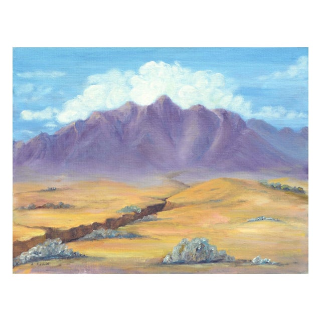 Sweeping mid century desert landscape with a colossal purple mountain range in the distance by Alice M. Fink (American,...