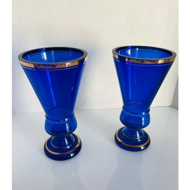 Pair of beautiful Antique cobalt glass with gold rim vases / goblets/ tumblers. 1840.Bohemian.
