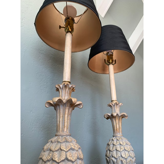 Late 20th Century Late 20th Century Gold Wooden Pineapple Buffet Style Lamps With Black Shades - a Pair For Sale - Image 5 of 8