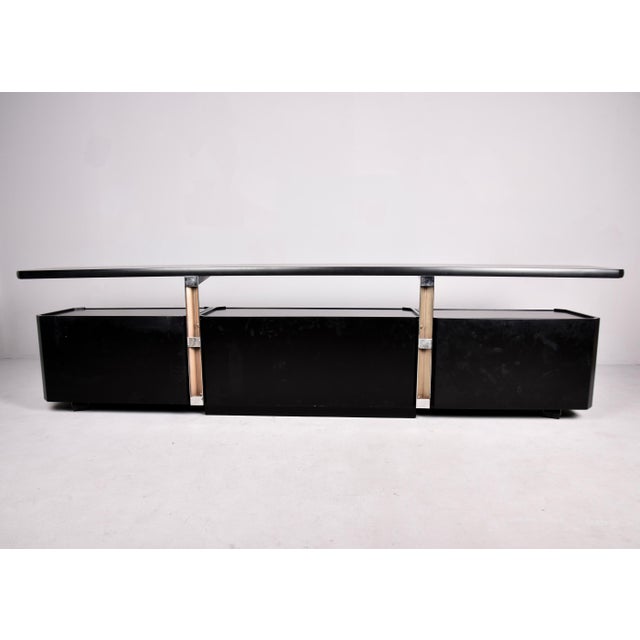 Large 1990s Mid Century Italian Two Tier Credenza With Black Finish and Hinged Base For Sale - Image 9 of 12