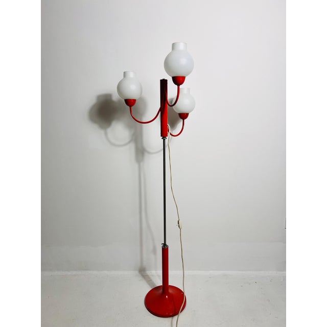 1960s Midcentury Red and Opaline Glass 3-Arm Floor Lamp by Kaiser, Germany, 1960s For Sale - Image 5 of 12