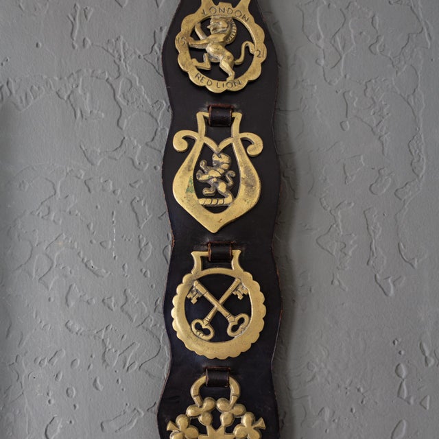 English Equestrian Five Horse Brass Leather Bridle Strap For Sale - Image 6 of 9