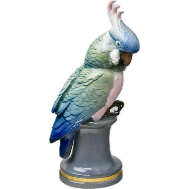 Ceramic Early 20th Century Porcelain Life-Size Parrot Figures on Pedestals, by Karl Ens, a Pair For Sale - Image 7 of 12