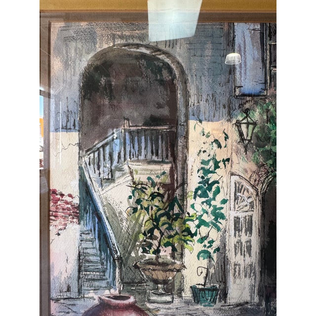Vintage Impressionist Courtyard Still Life Watercolor on Paper – Framed For Sale - Image 11 of 13