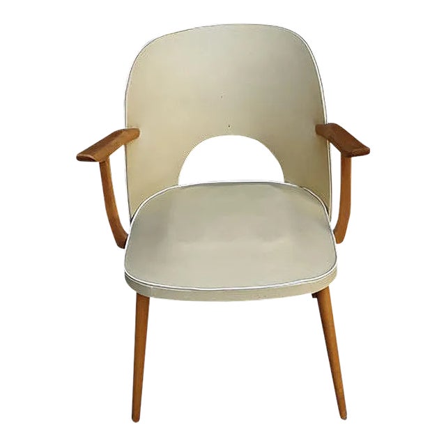Berger-Shaped Armchair with Rounded Backrest in Light Beech with Yellow Vinyl & White Piping, 1960s For Sale