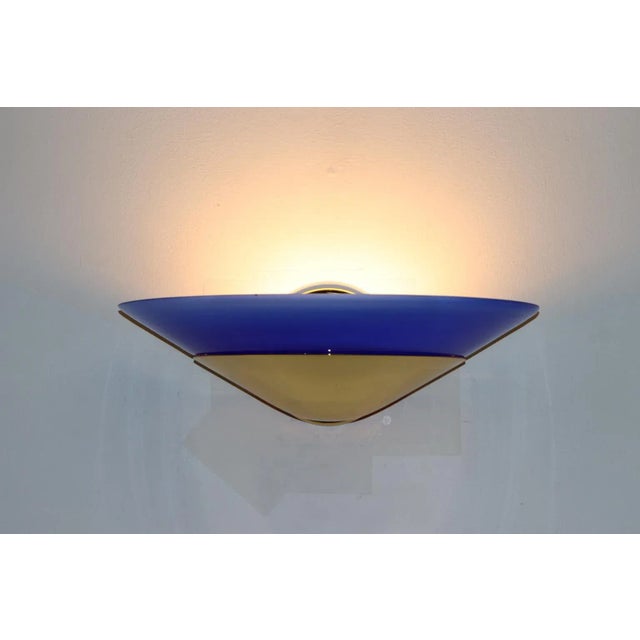"Mezzo Alo" Wall Lamp Murano Blue Glass Diffuser and Gold Plated Metal Mounting. Designed By Mauro Marzollo For ITRE....