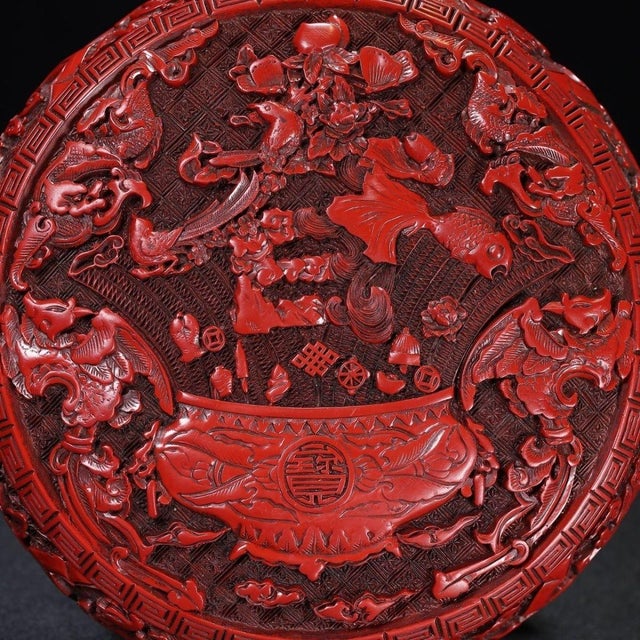 Late 20th Century Carved Cinnabar Lacquer Box With Auspicious Symbols and Fish Motif For Sale In Los Angeles - Image 6 of 9
