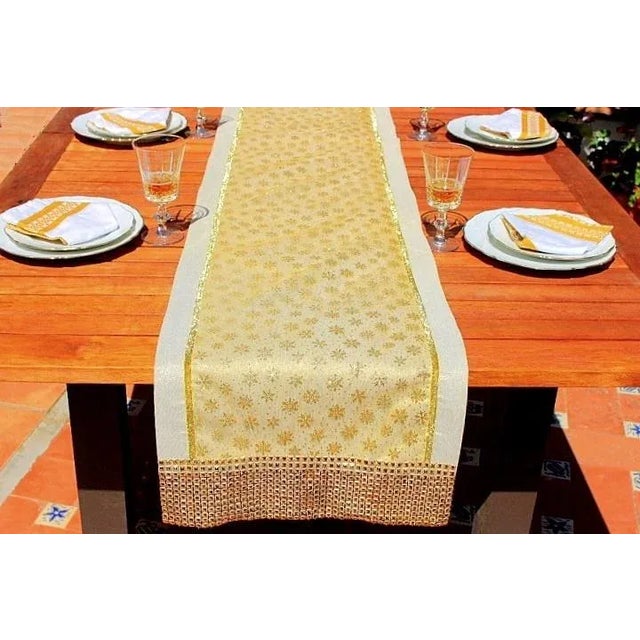 Textile Vintage Gold Velvet Ribbon Framed Snowflakes Table Runner With Mesh Trim For Sale - Image 7 of 13