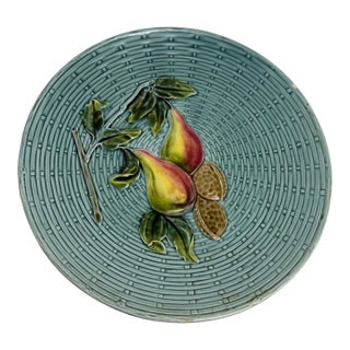 Early 20th Century Georg Schmider / Zell Majolica Basketweave Plate Pears & Nuts For Sale