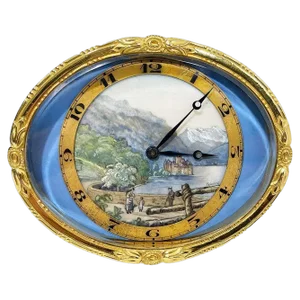 Swiss Gilt-Brass with Painted Landscape Oval Desk Clock, Swiss, 1890s